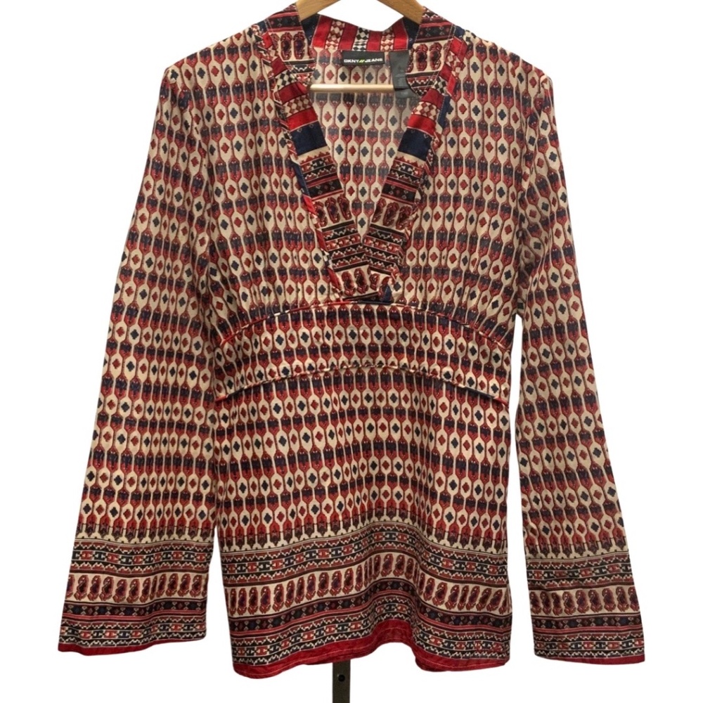 DKNY Red & Navy Geometric Tunic Top- Size 14